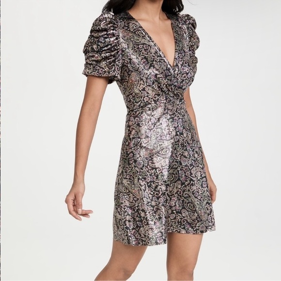 Ba&sh Shopbop Gala Puff Sleeve Metallic Paisley Floral Mini Dress Noir size xs 2 - Picture 2 of 16